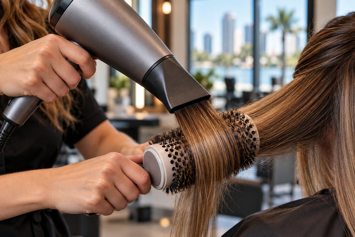 Blowout and thermal styling using round boar bristle brush and ionic dryer