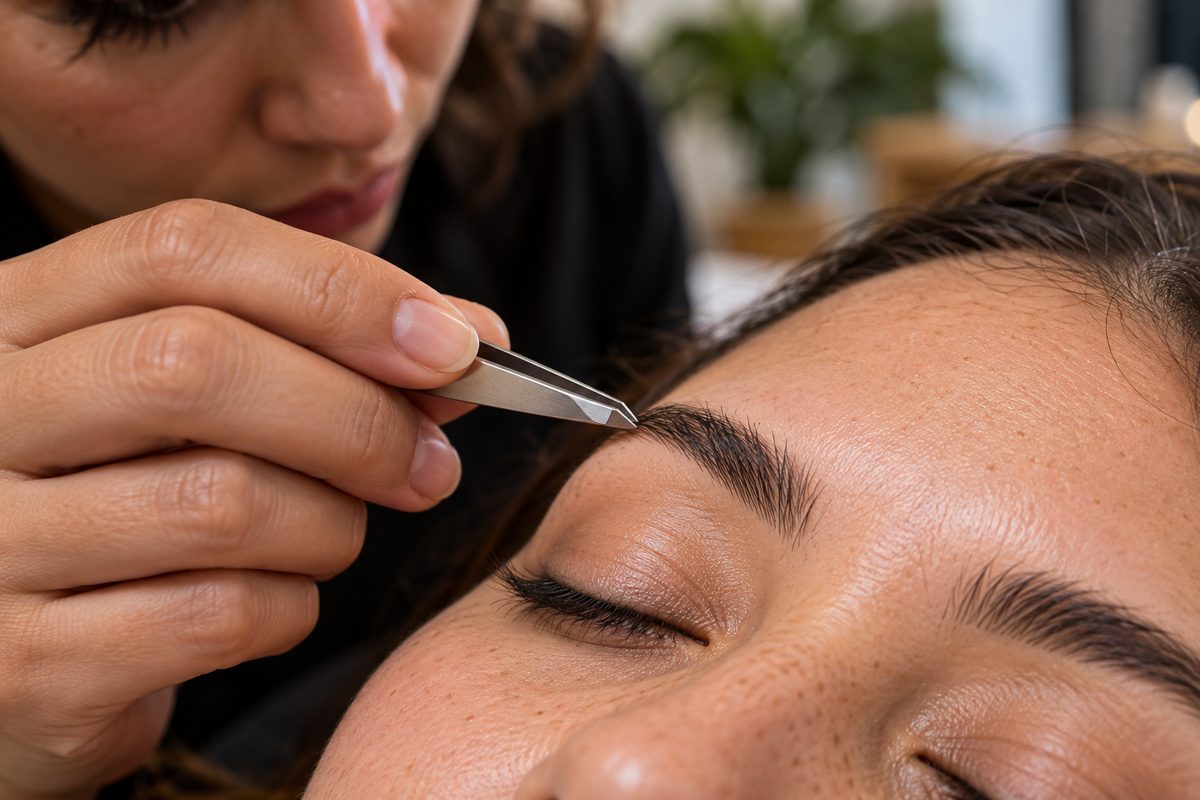 Precision brow shaping and tweezing along the natural orbital bone