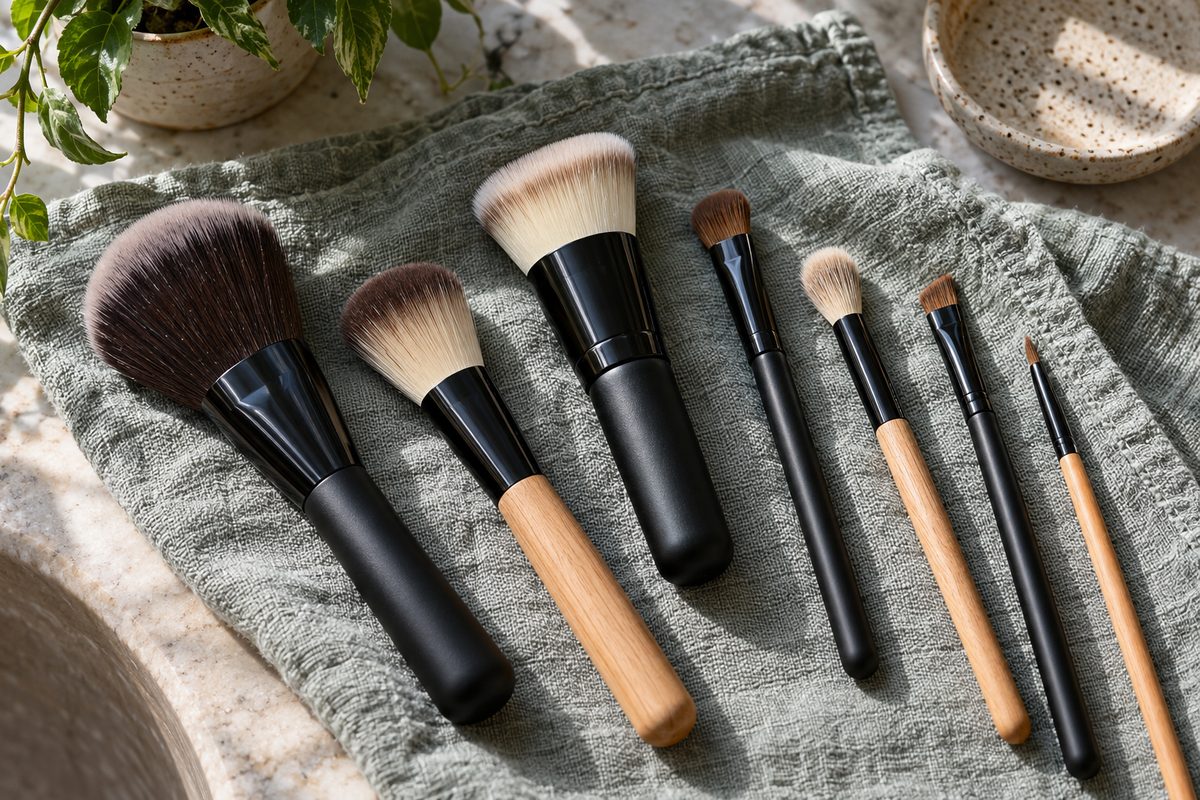 Clean professional makeup brushes neatly arranged on linen in the preparation bay