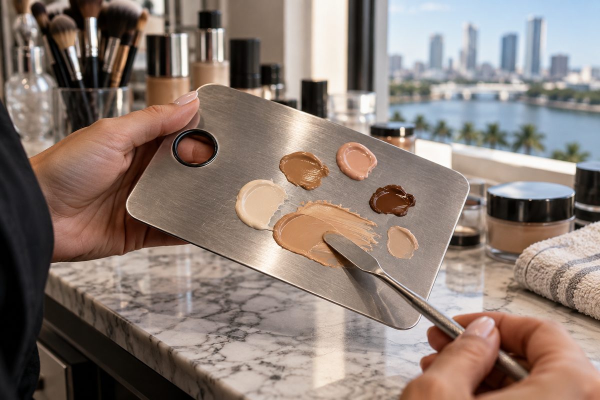Stainless steel makeup palette with custom blended foundations and pigments