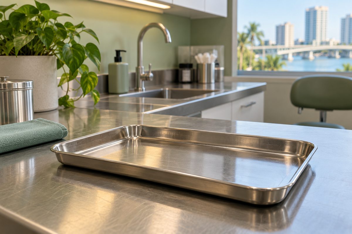Workstation preparation stage 1 showing sterilised stainless steel tray on bench