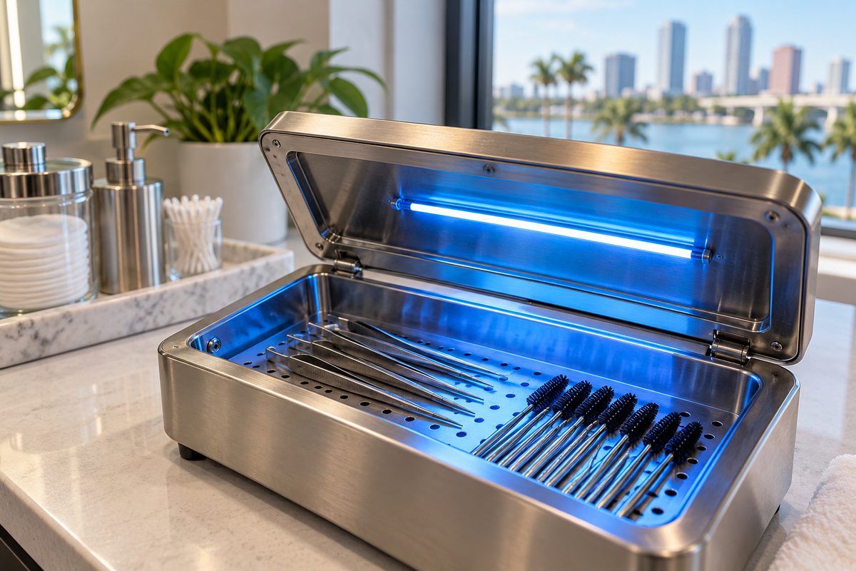 Medical-grade UV sanitiser unit for metal tweezers and brow implements