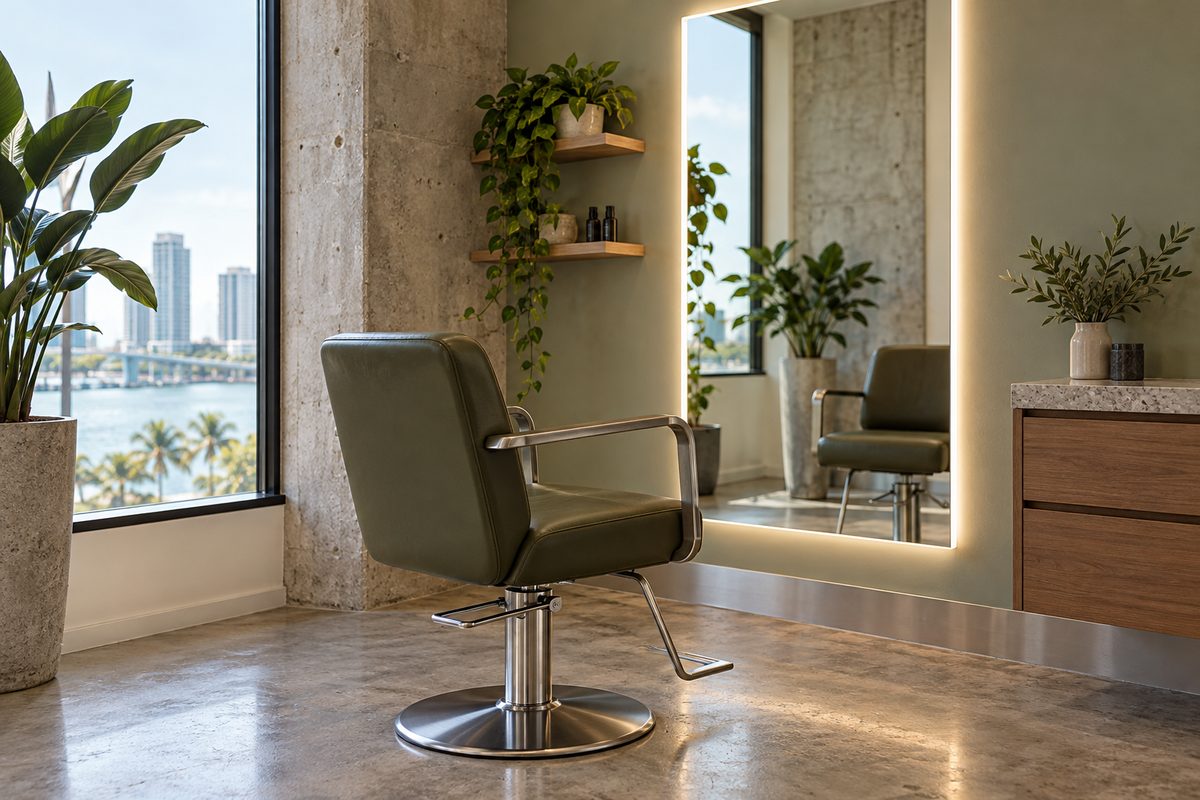 Private client styling station and lighted mirror inside Miss Gloss studio in Tampa